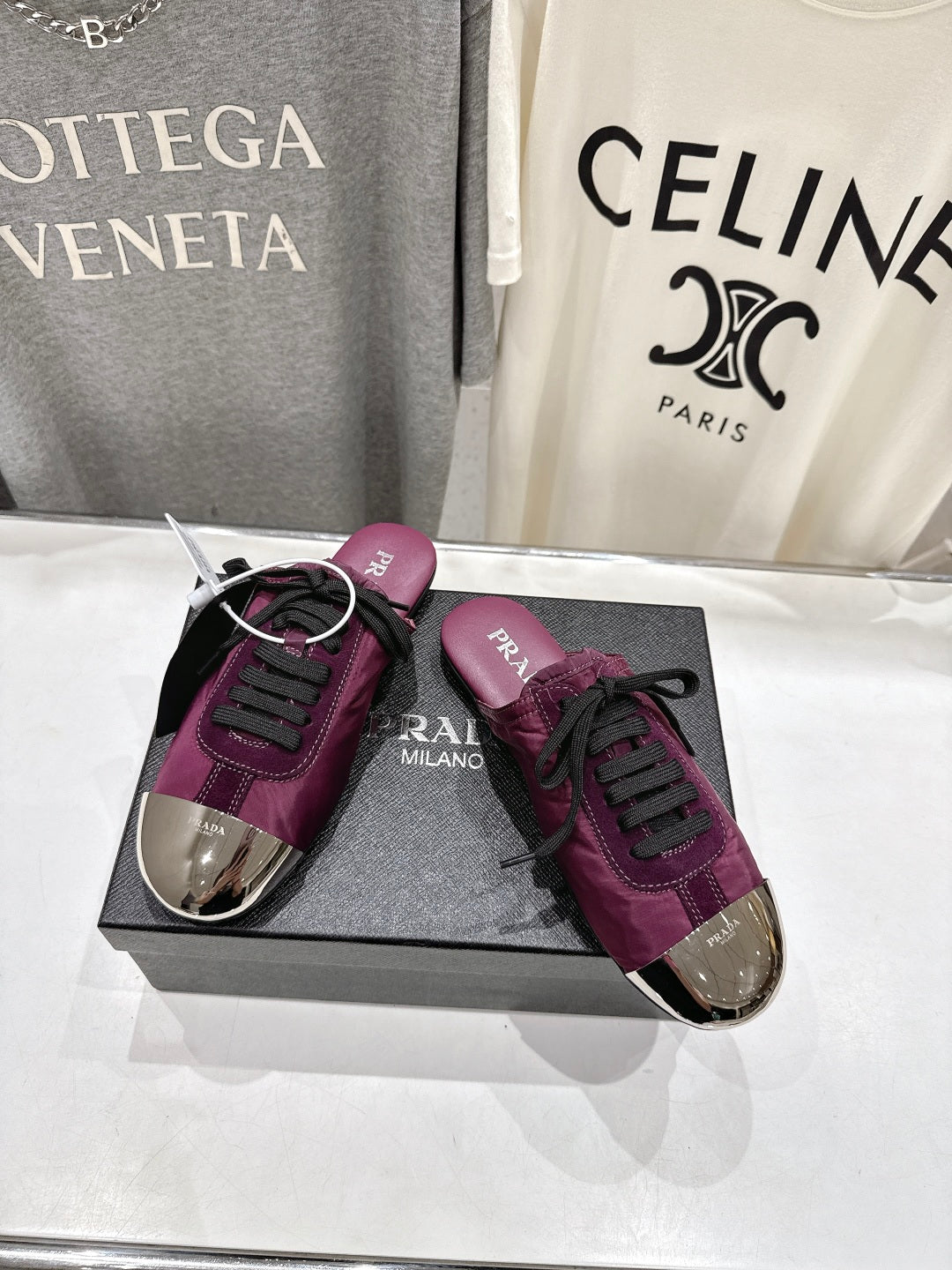 PRADA 25S MULES IN PLUM WITH METAL TOECAP - 35