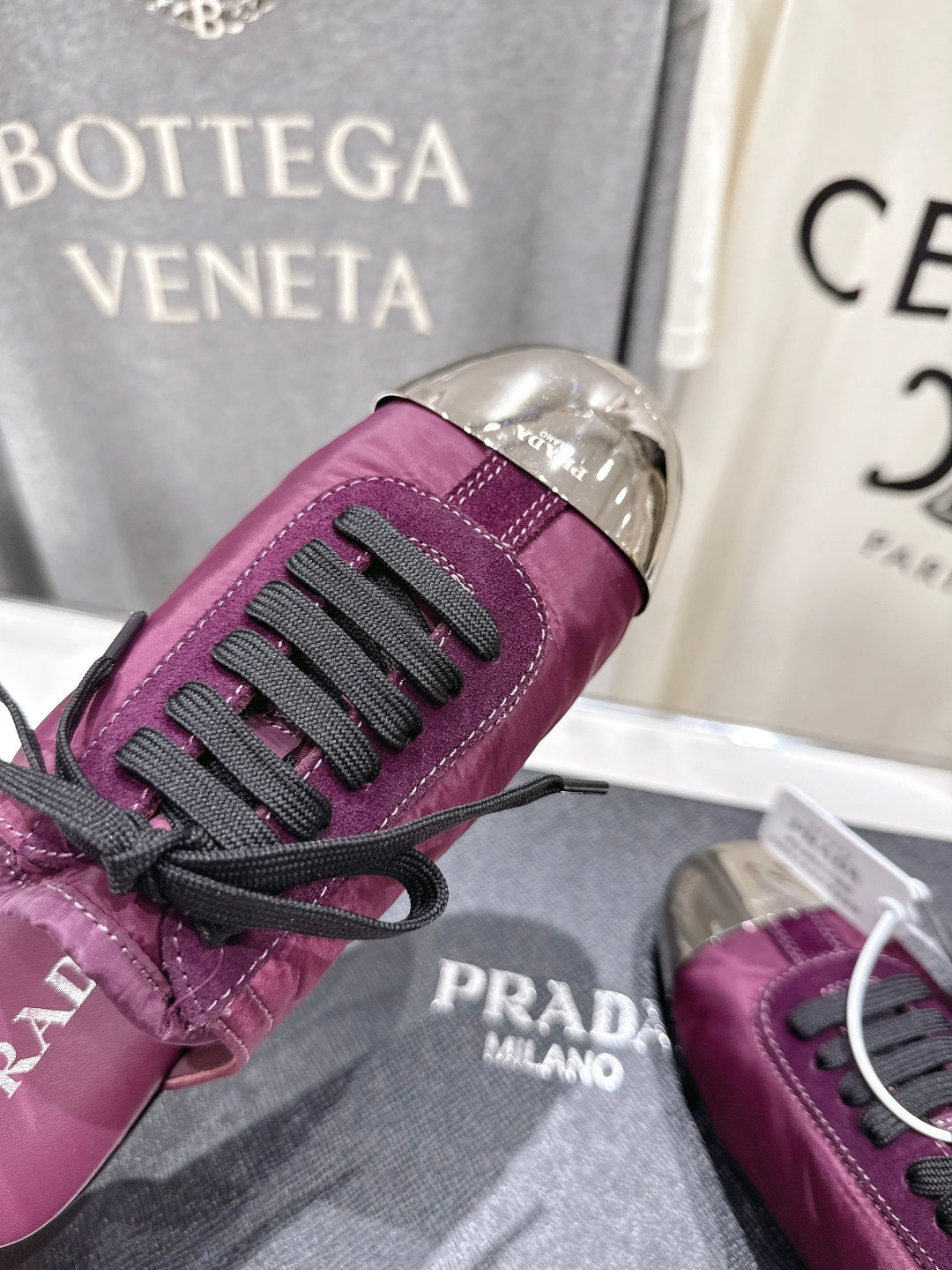 PRADA 25S MULES IN PLUM WITH METAL TOECAP - 35