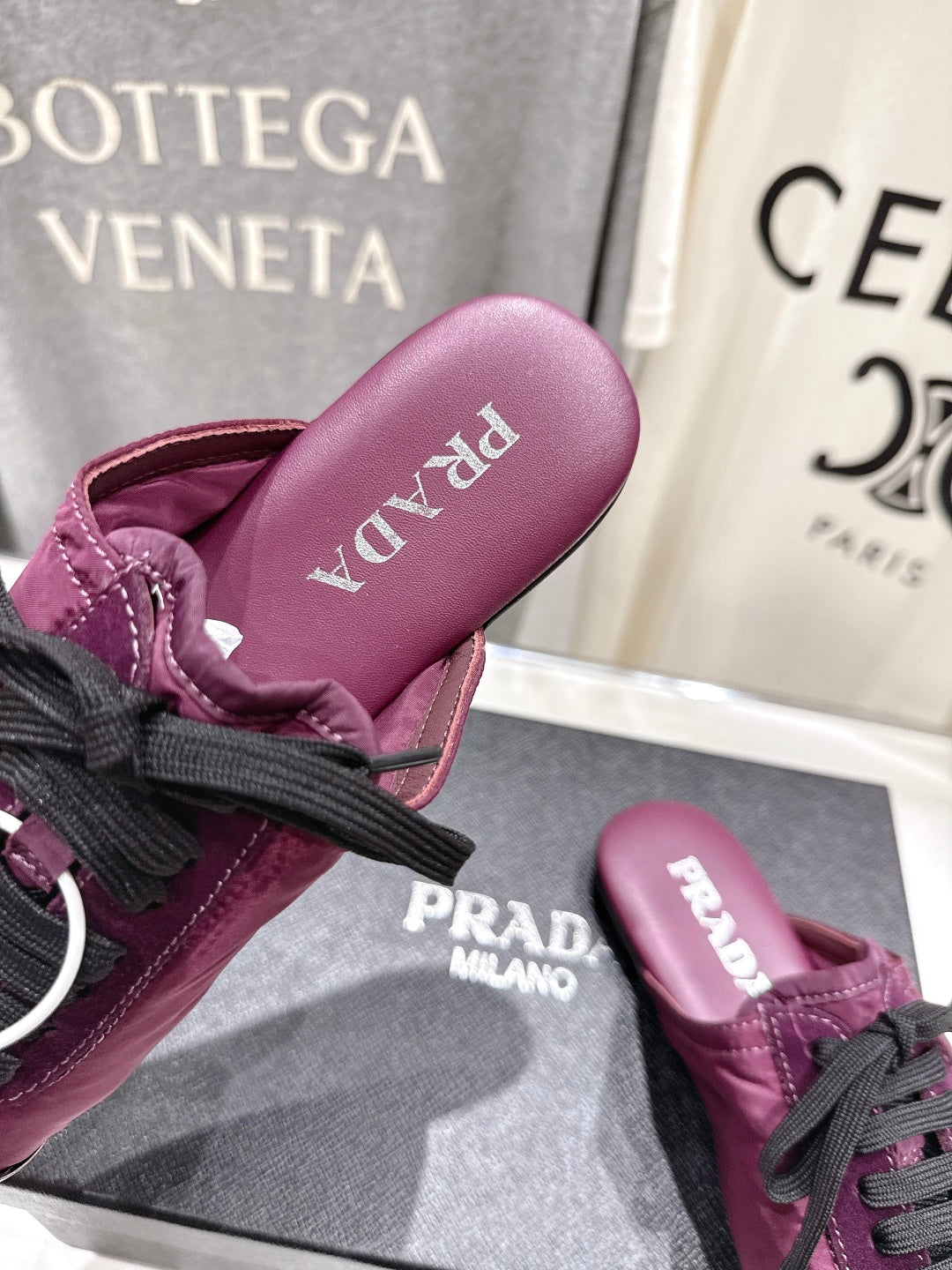 PRADA 25S MULES IN PLUM WITH METAL TOECAP - 35