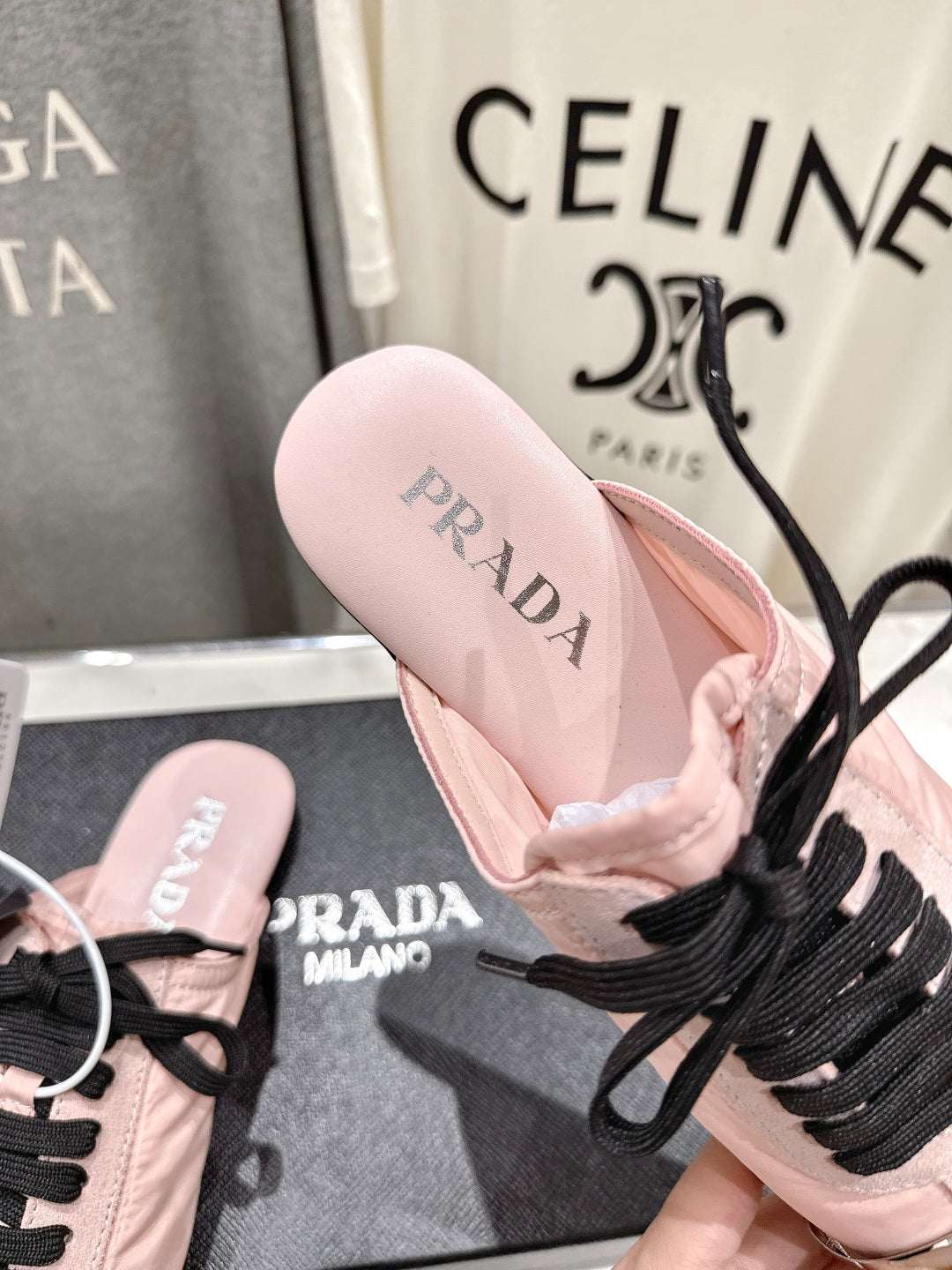 PRADA 25S MULES IN LIGHT PINK WITH METAL TOECAP - 35