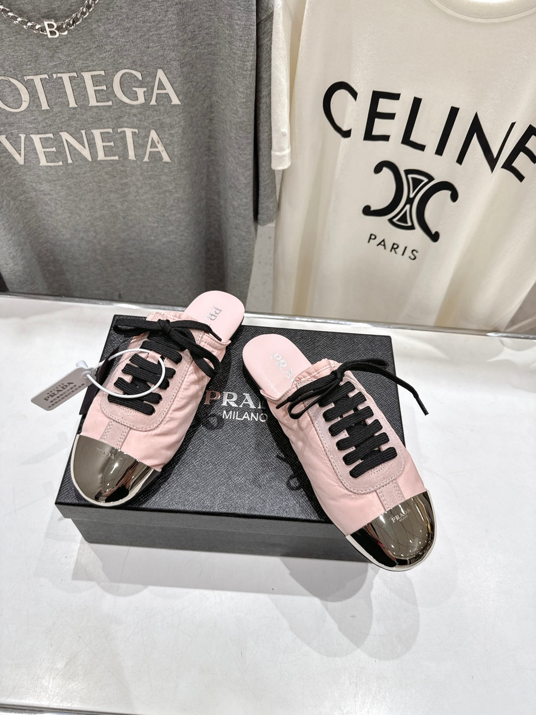 PRADA 25S MULES IN LIGHT PINK WITH METAL TOECAP - 35