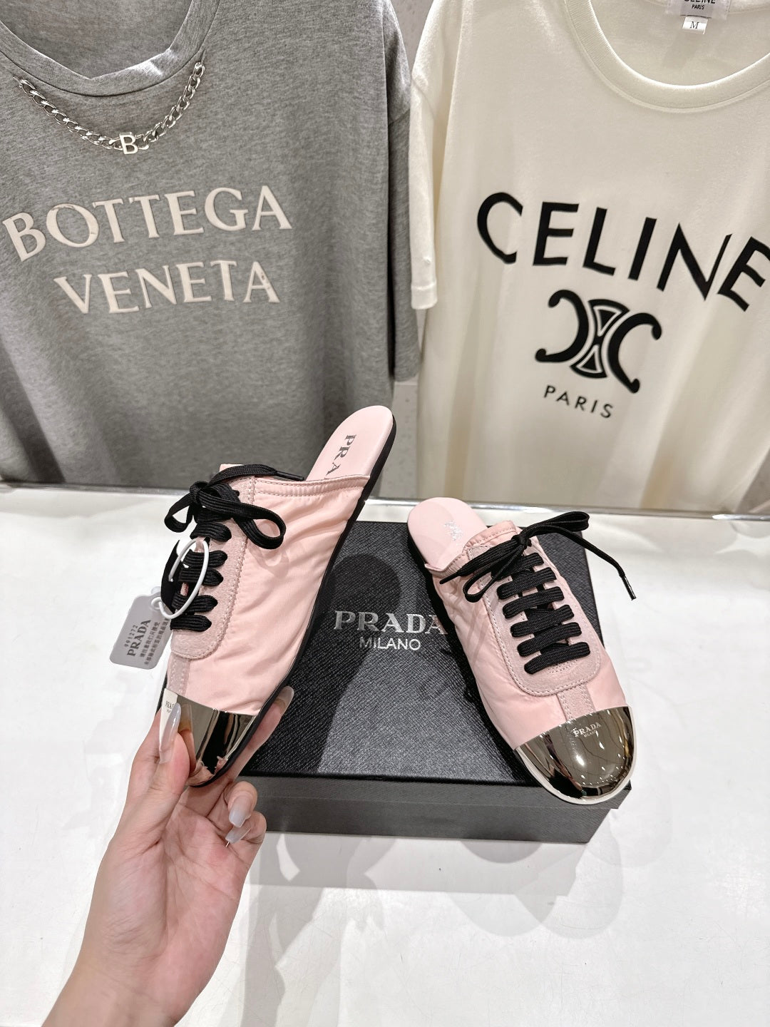 PRADA 25S MULES IN LIGHT PINK WITH METAL TOECAP - 35