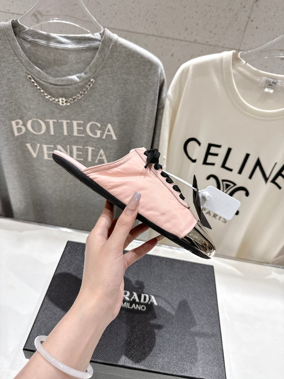 PRADA 25S MULES IN LIGHT PINK WITH METAL TOECAP - 35