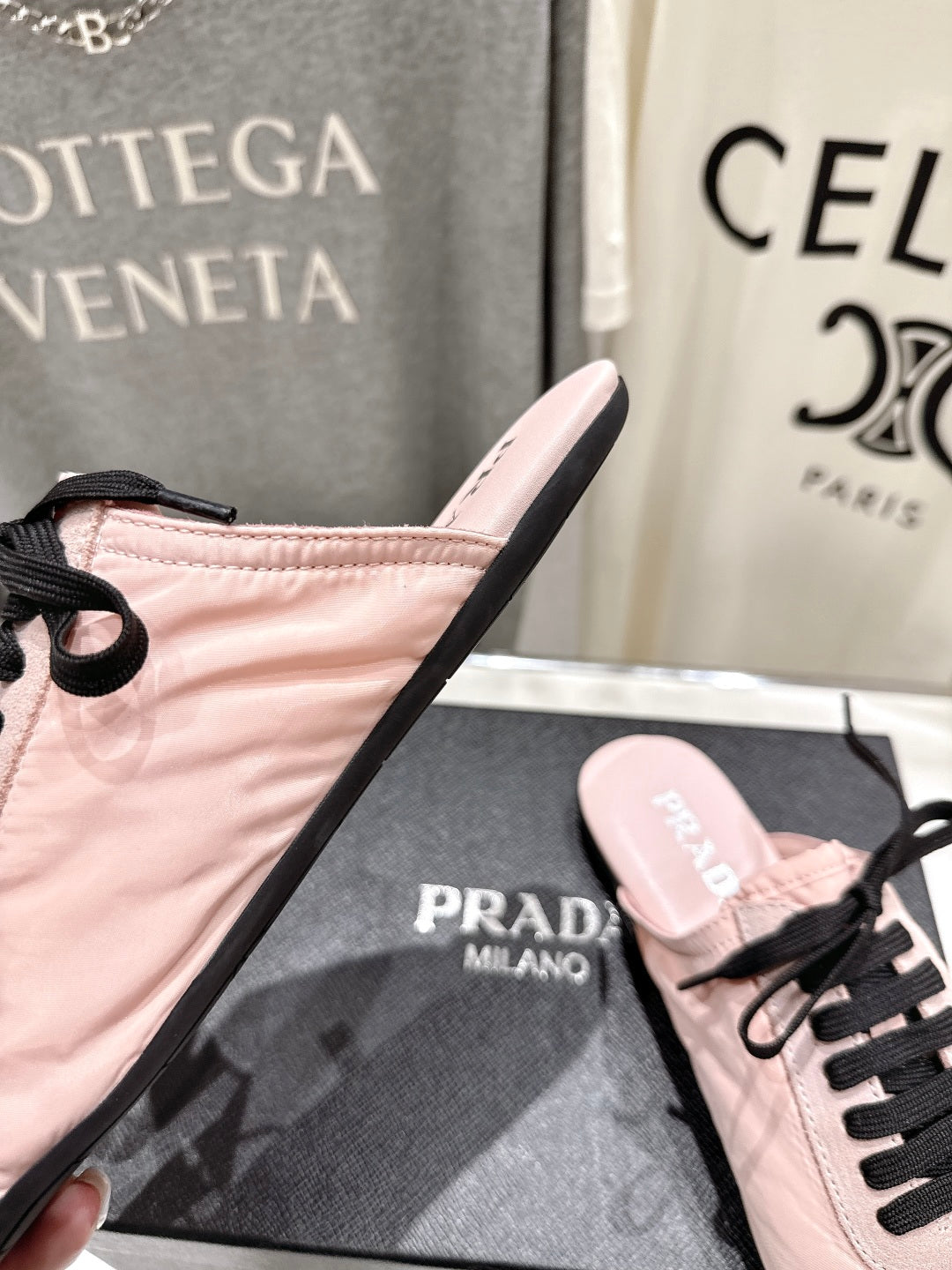 PRADA 25S MULES IN LIGHT PINK WITH METAL TOECAP - 35