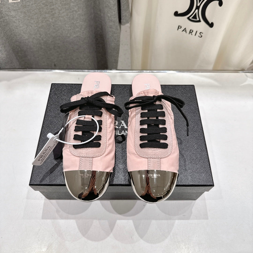 PRADA 25S MULES IN LIGHT PINK WITH METAL TOECAP - 35