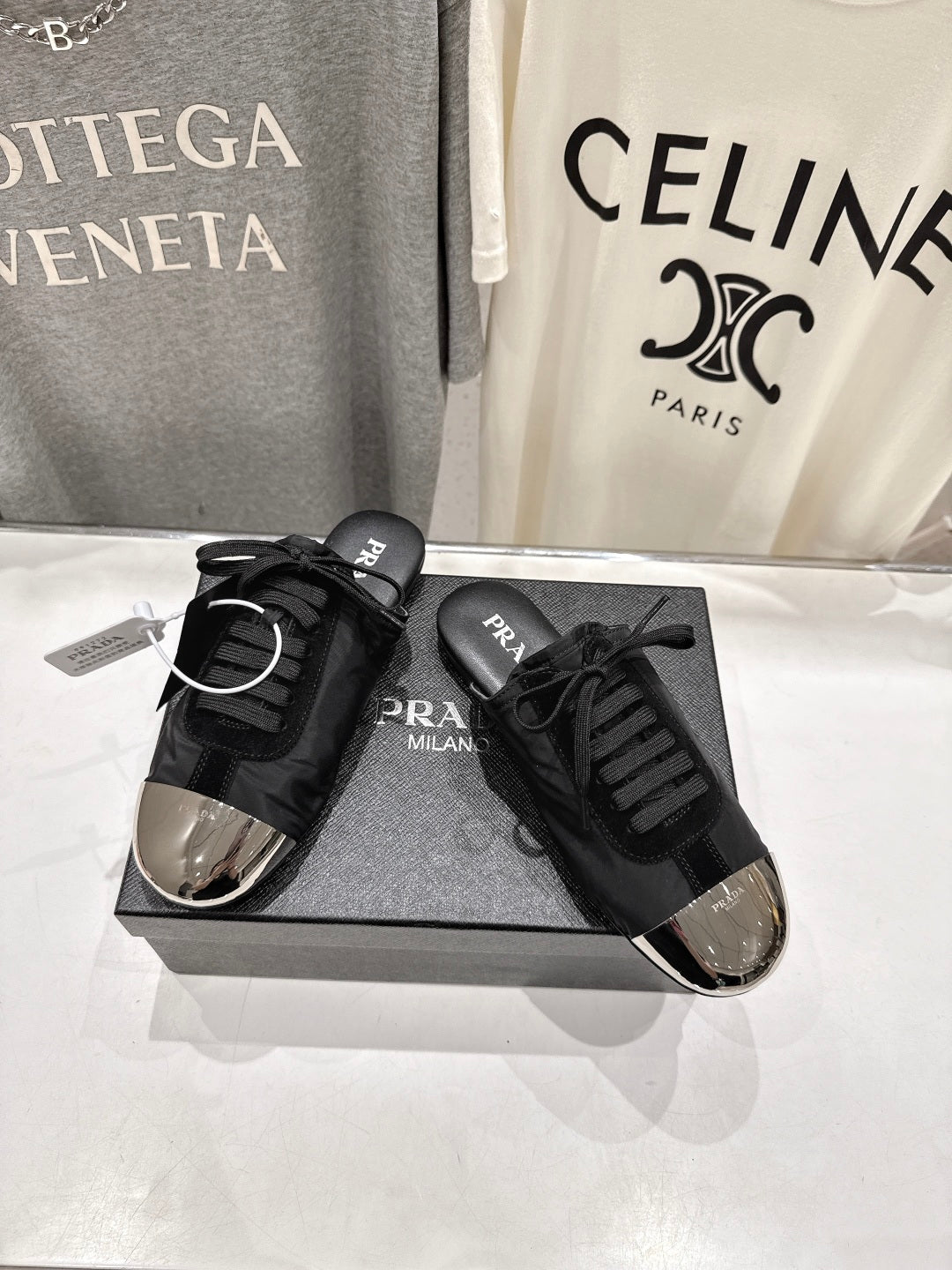 PRADA 25S MULES IN BLACK WITH METAL TOECAP - 35