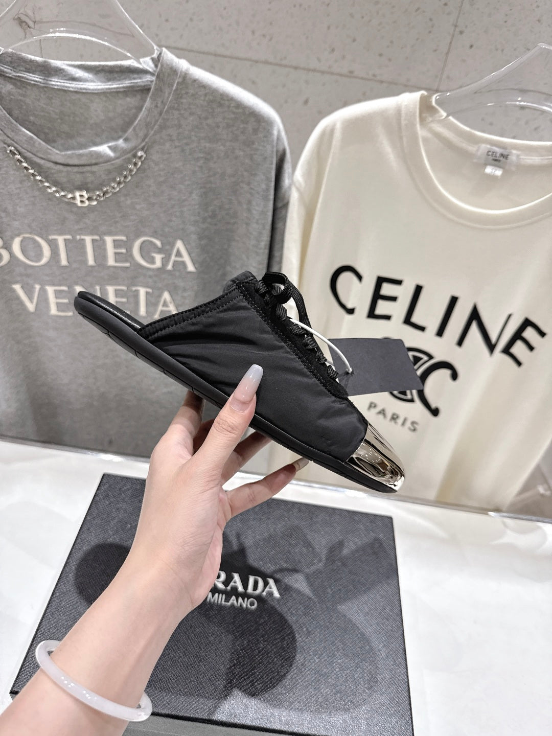 PRADA 25S MULES IN BLACK WITH METAL TOECAP - 35