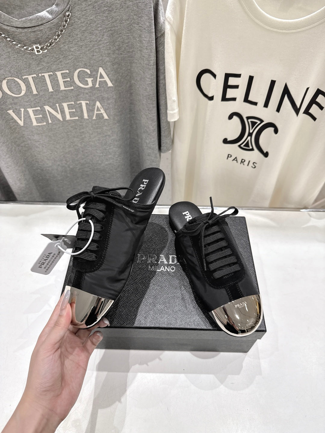 PRADA 25S MULES IN BLACK WITH METAL TOECAP - 35