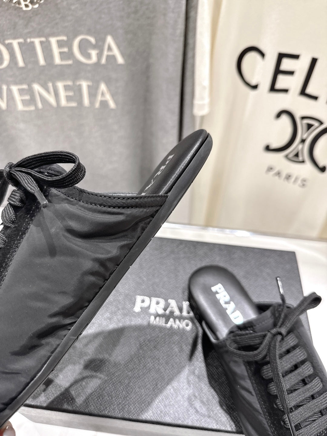 PRADA 25S MULES IN BLACK WITH METAL TOECAP - 35