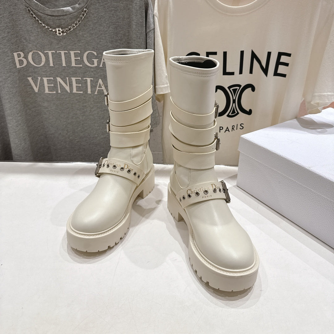 DIOR 25S BIKER BOOTS IN CREAM WHITE CALFSKIN WITH SILVER HARDWARE - 35