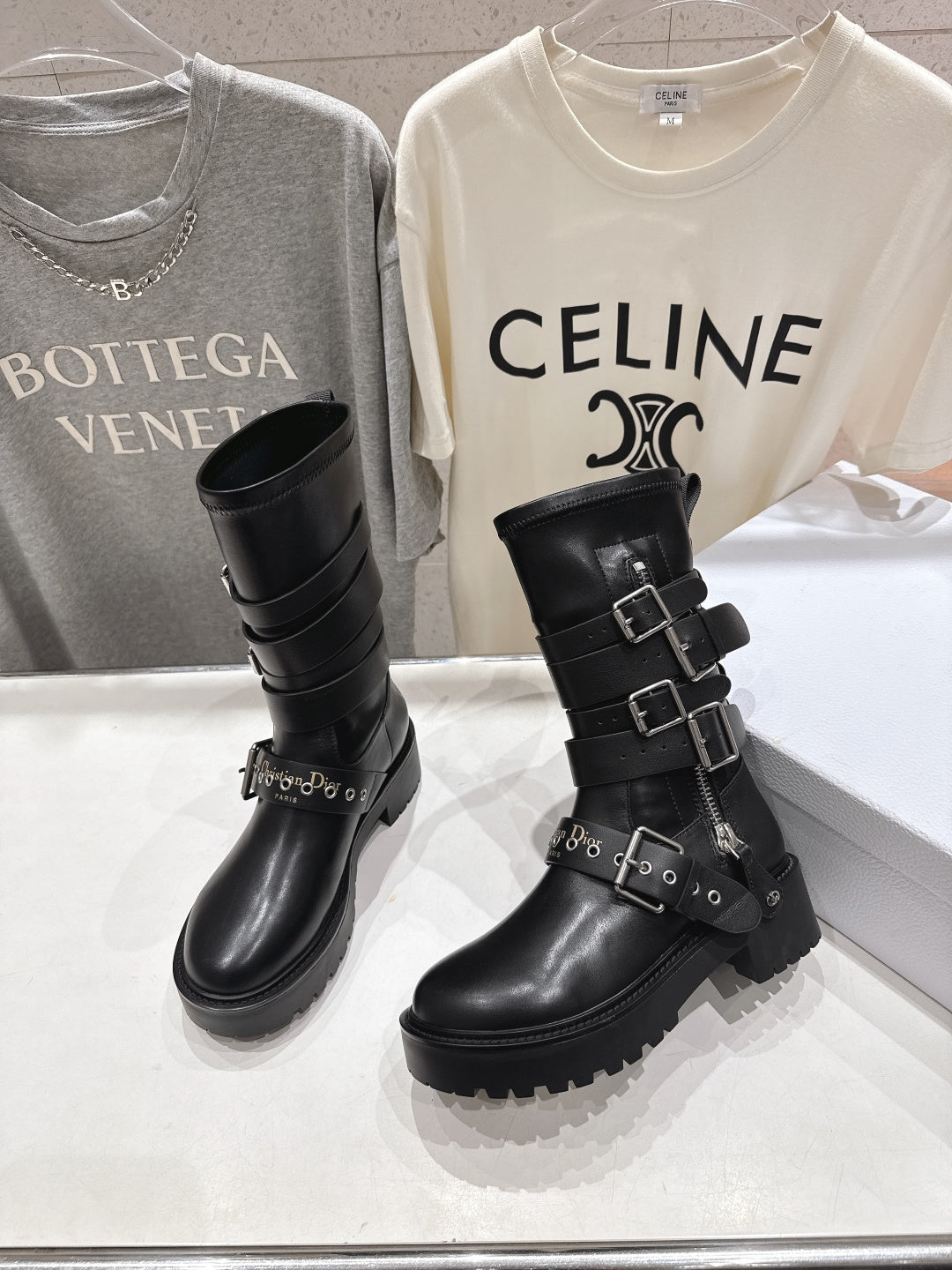 DIOR 25S BIKER BOOTS IN BLACK CALFSKIN WITH SILVER HARDWARE - 35