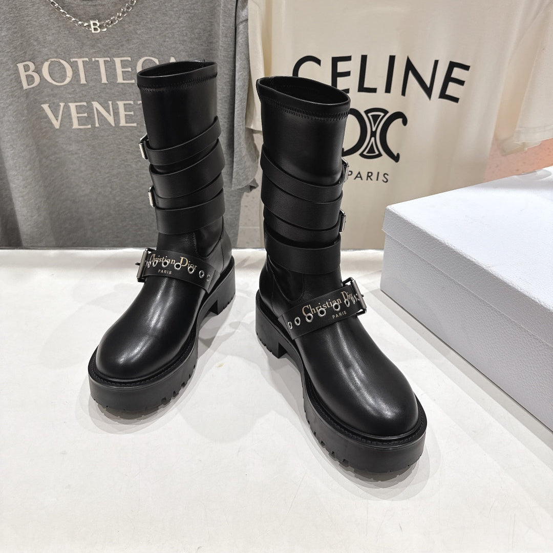 DIOR 25S BIKER BOOTS IN BLACK CALFSKIN WITH SILVER HARDWARE - 35