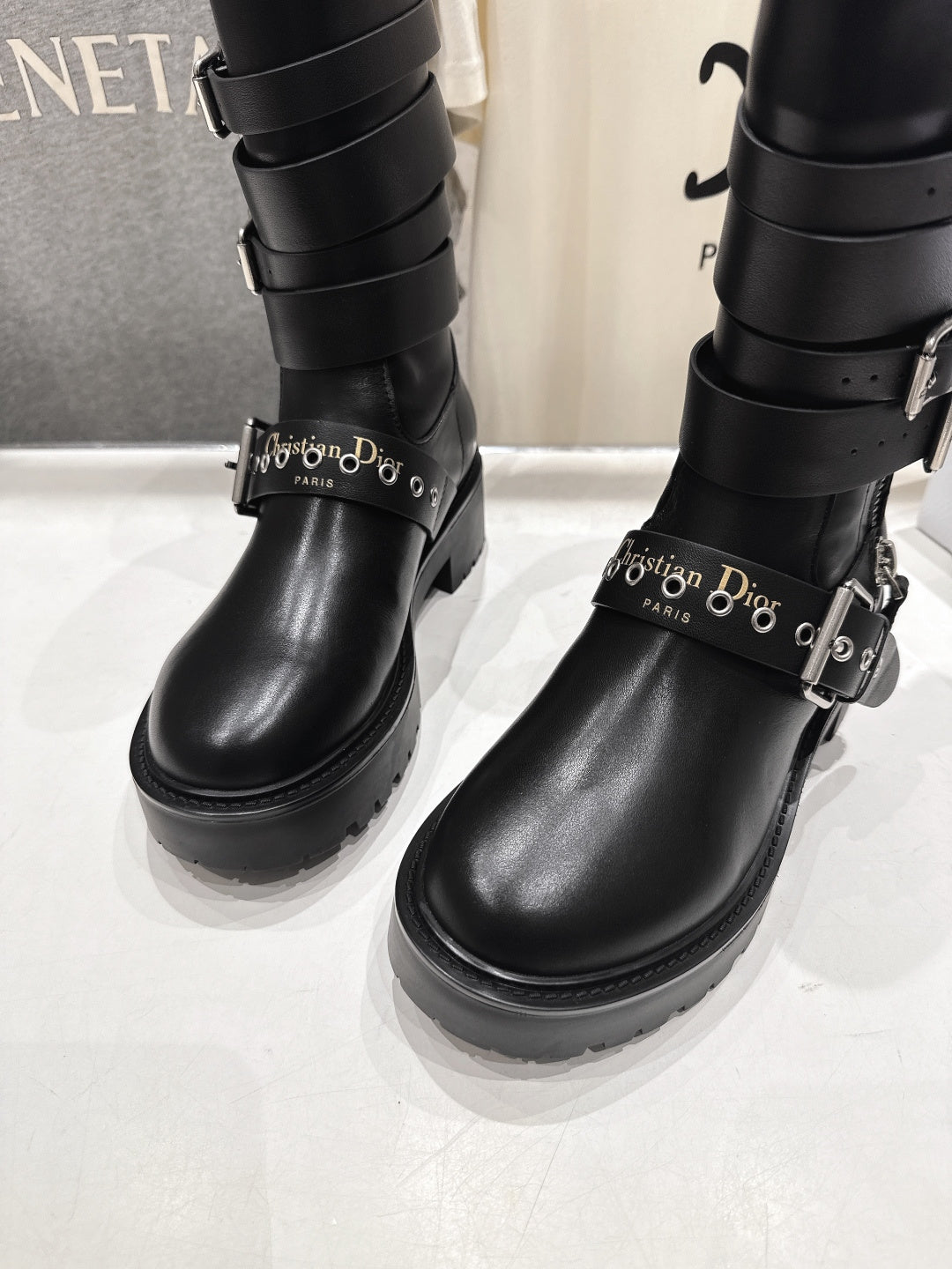 DIOR 25S BIKER BOOTS IN BLACK CALFSKIN WITH SILVER HARDWARE - 35