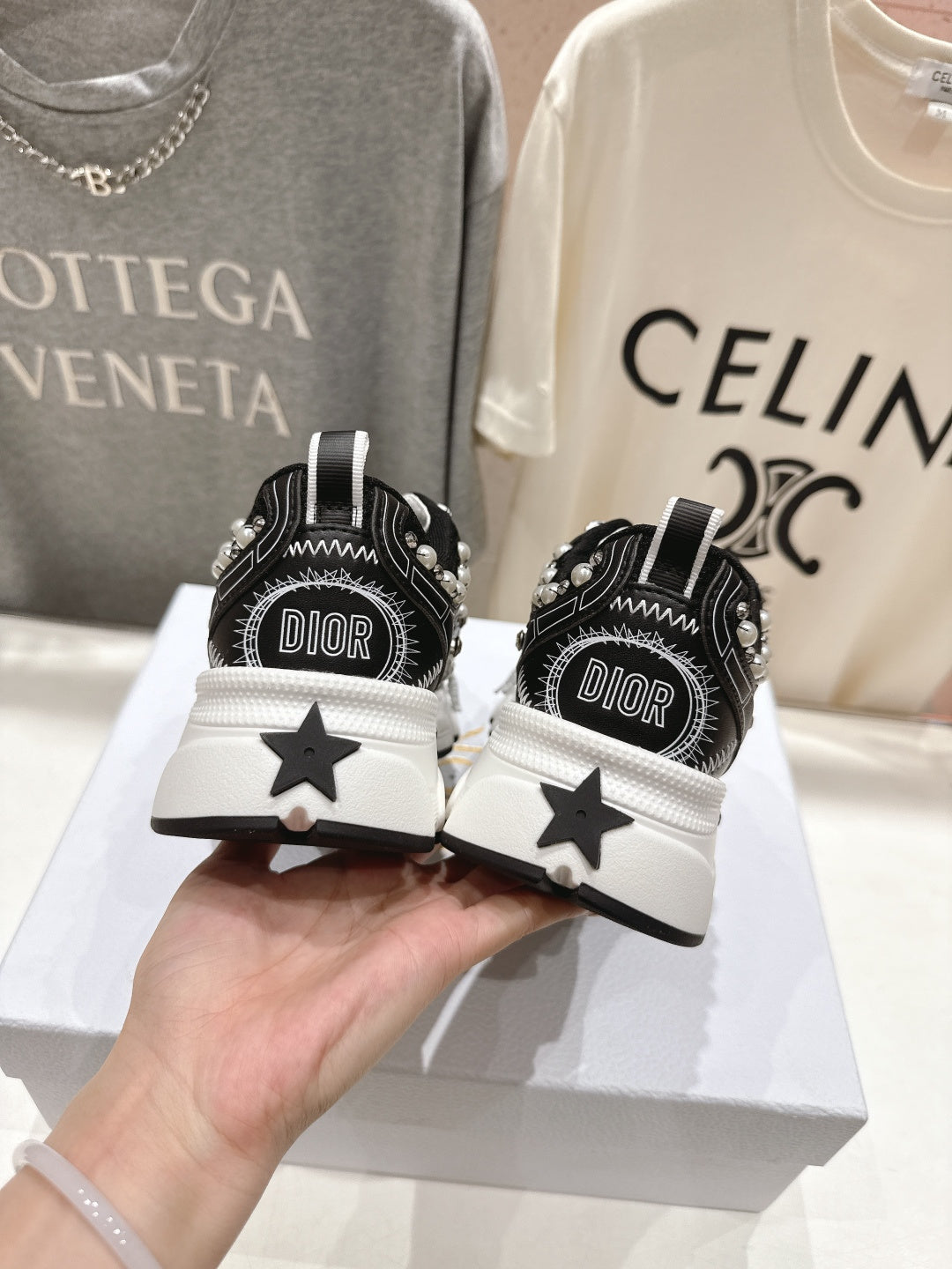 DIOR 25S SNEAKER IN BLACK LAMBSKIN AND MESH FABRIC WITH PEARL DETAILING - 35