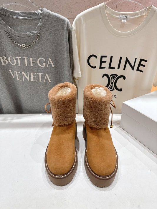 CELINE 26S FUR-TRIM ANKLE BOOTS IN BROWN SUEDE