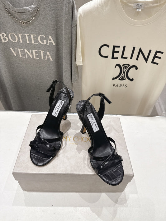 БОСОНІЖКИ JIMMY CHOO 26S НА ВИСОКОМУ КАБЛУЦІ 100 ММ ІЗ ЧОРНОЇ ОВЕЧОЇ ШКІРИ ІЗ ТИСНЕННЯМ ПІД КРОКОДИЛА
