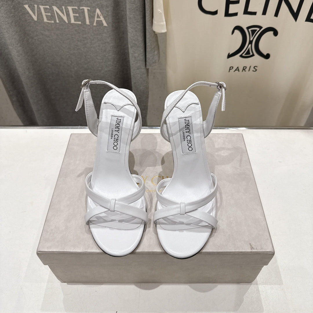 БОСОНІЖКИ НА ВИСОКИХ ПІДБОРАХ JIMMY CHOO 26S, 100 ММ, З БІЛОЇ ОВЕЧОЇ ШКІРИ, МОДЕЛЬ 1