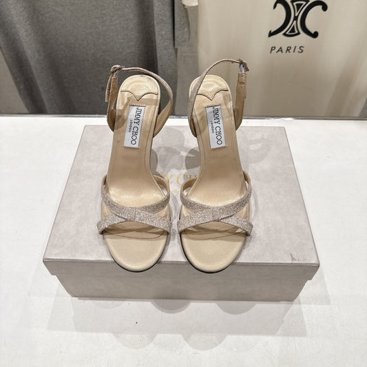 БОСОНІЖКИ НА ВИСОКИХ ПІДБОРАХ JIMMY CHOO 26S 100 ММ ІЗ СВІТЛО-БЕЖЕВОЇ БЛИСКУЧОЇ ТКАНИНИ