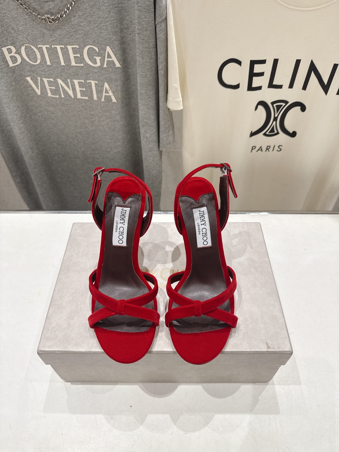 БОСОНІЖКИ НА ВИСОКИХ ПІДБОРАХ JIMMY CHOO 26S, 100 ММ, З ЧЕРВОНОГО ОКСАМИТУ