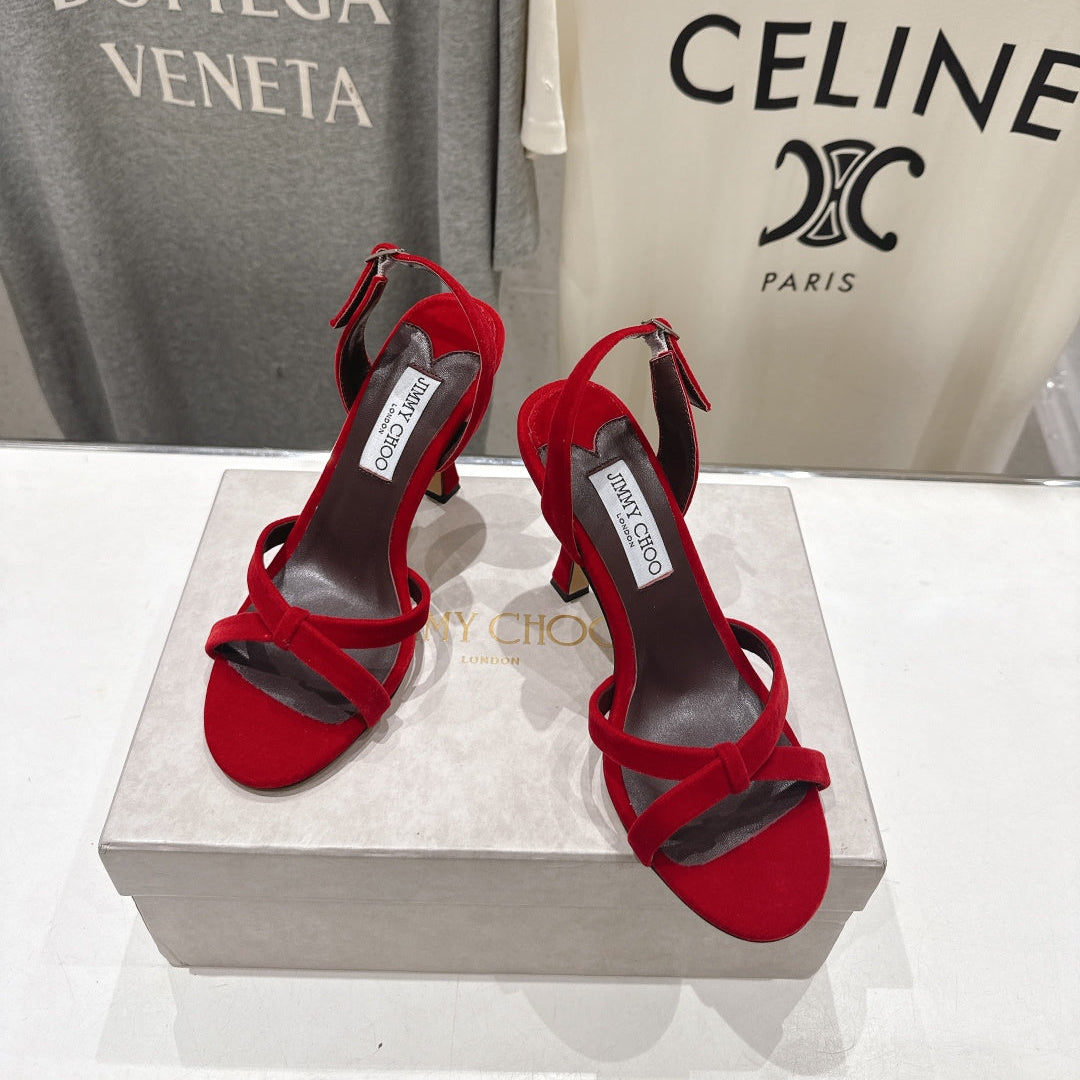 БОСОНІЖКИ НА ВИСОКИХ ПІДБОРАХ JIMMY CHOO 26S, 100 ММ, З ЧЕРВОНОГО ОКСАМИТУ