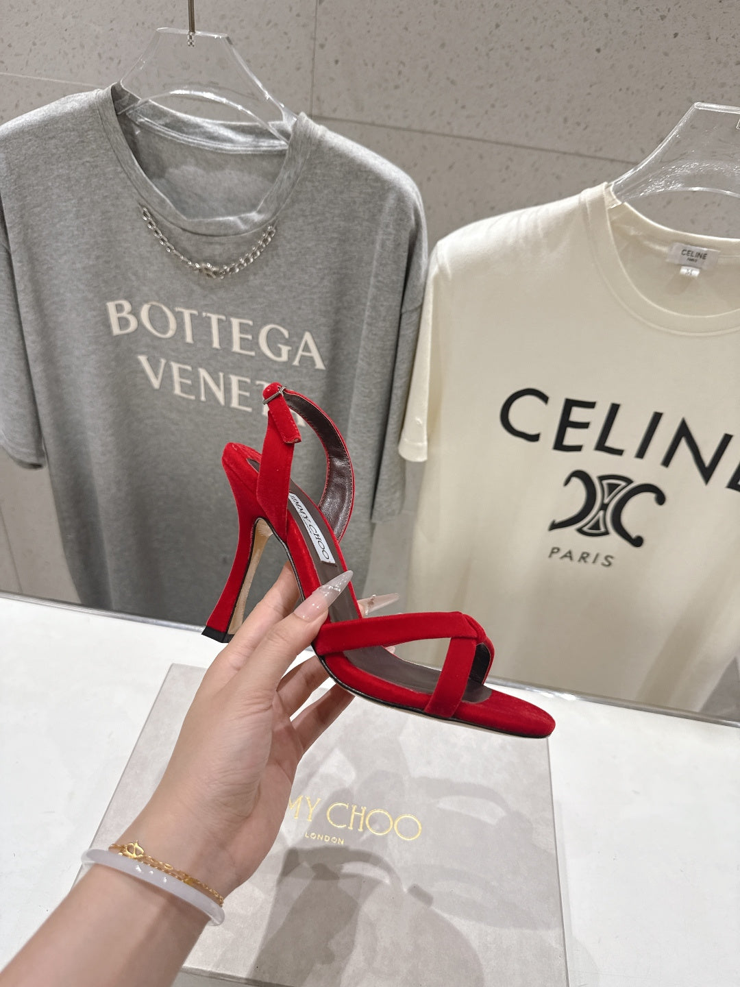 БОСОНІЖКИ НА ВИСОКИХ ПІДБОРАХ JIMMY CHOO 26S, 100 ММ, З ЧЕРВОНОГО ОКСАМИТУ