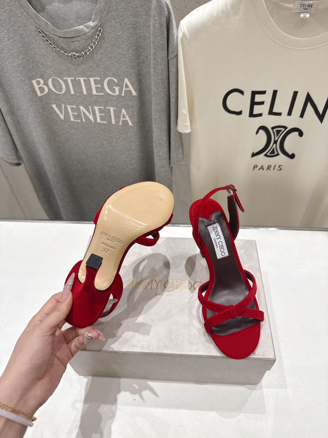 БОСОНІЖКИ НА ВИСОКИХ ПІДБОРАХ JIMMY CHOO 26S, 100 ММ, З ЧЕРВОНОГО ОКСАМИТУ