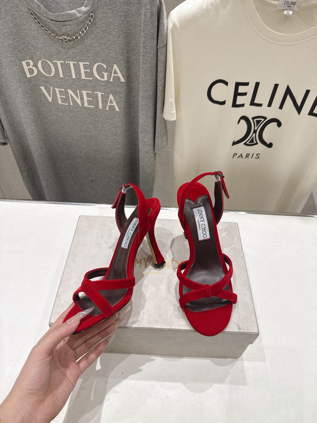 БОСОНІЖКИ НА ВИСОКИХ ПІДБОРАХ JIMMY CHOO 26S, 100 ММ, З ЧЕРВОНОГО ОКСАМИТУ