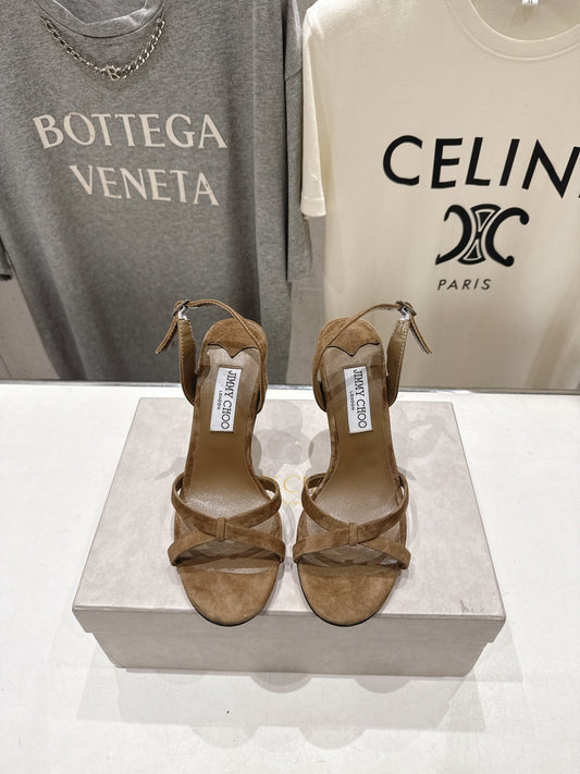БОСОНІЖКИ НА ВИСОКИХ ПІДБОРАХ JIMMY CHOO 26S, 100 ММ, КОРИЧНЕВА ЗАМША