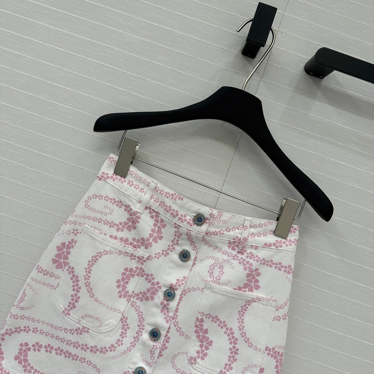 CC 25 Printed Denim Single-breasted Short Skirt Pink White Cotton