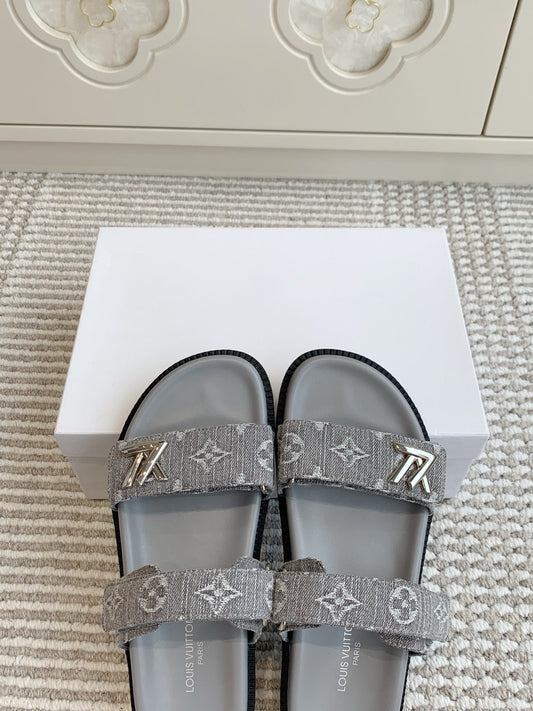 Сандалі LV TWO-STRAP 25S із сірого деніму та телячої шкіри зі сріблястою фурнітурою - 35