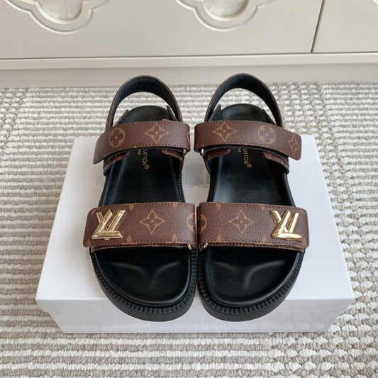 LV SANDALS 25S IN BROWN MIX BLACK CALFSKIN WITH GOLD HARDWARE - 35