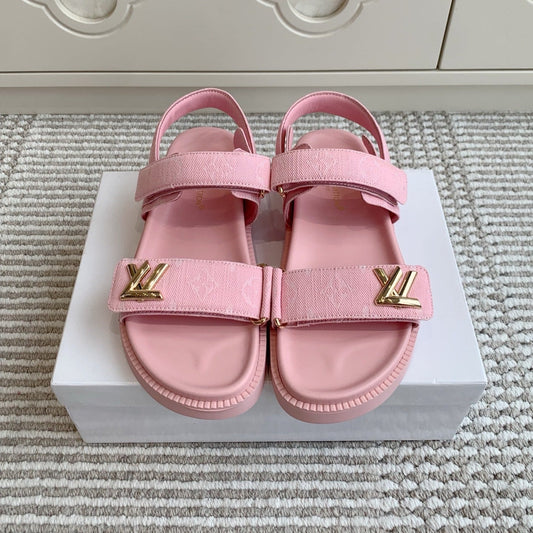LV SANDALS 25S IN LIGHT PINK DENIM AND CALFSKIN WITH GOLD HARDWARE - 35
