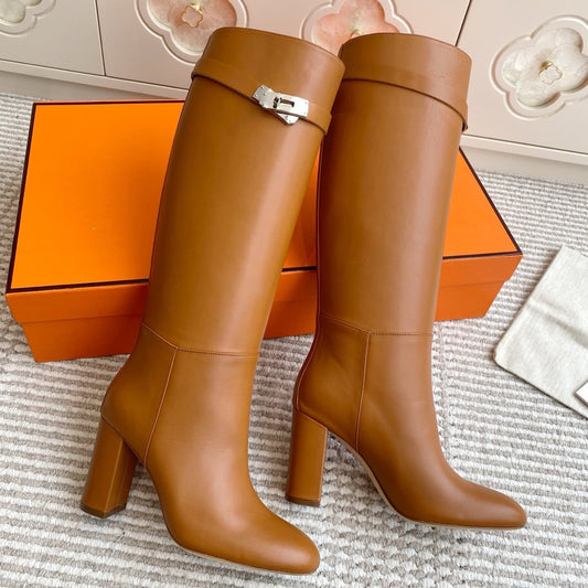 HM 25S TALL BOOTS 90 MM IN BROWN LAMBSKIN WITH SILVER HARDWARE - 35