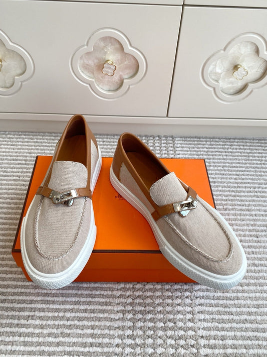 HM 25S SLIP-ON IN LIGHT BEIGE CANVAS AND BROWN LAMBSKIN WITH SILVER HARDWARE - 35
