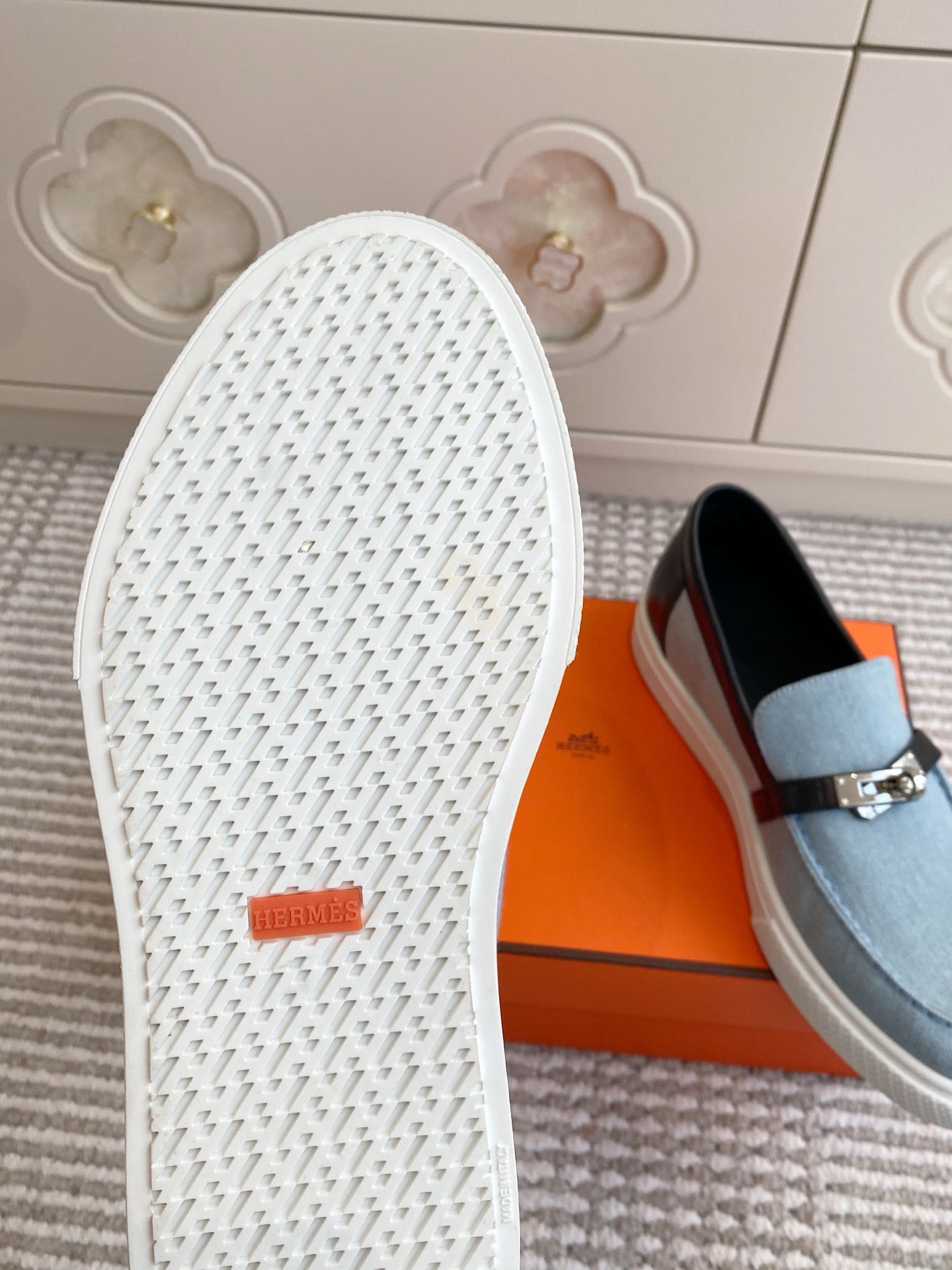 HM 25S SLIP-ON IN SKY BLUE CANVAS AND BLACK LAMBSKIN WITH SILVER HARDWARE - 35