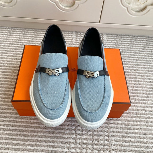 HM 25S SLIP-ON IN SKY BLUE CANVAS AND BLACK LAMBSKIN WITH SILVER HARDWARE - 35