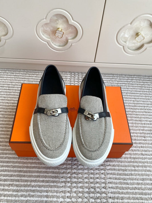 HM 25S SLIP-ON IN GREY CANVAS AND BLACK LAMBSKIN WITH SILVER HARDWARE - 35