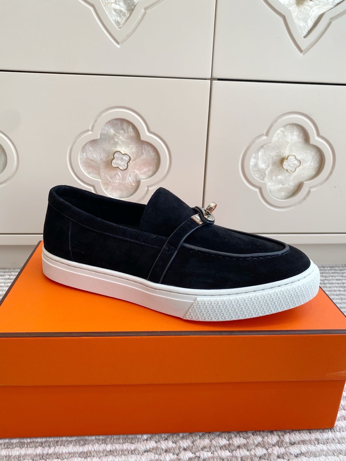 HM 25S SLIP-ON IN BLACK SUEDE WITH SILVER HARDWARE - 35
