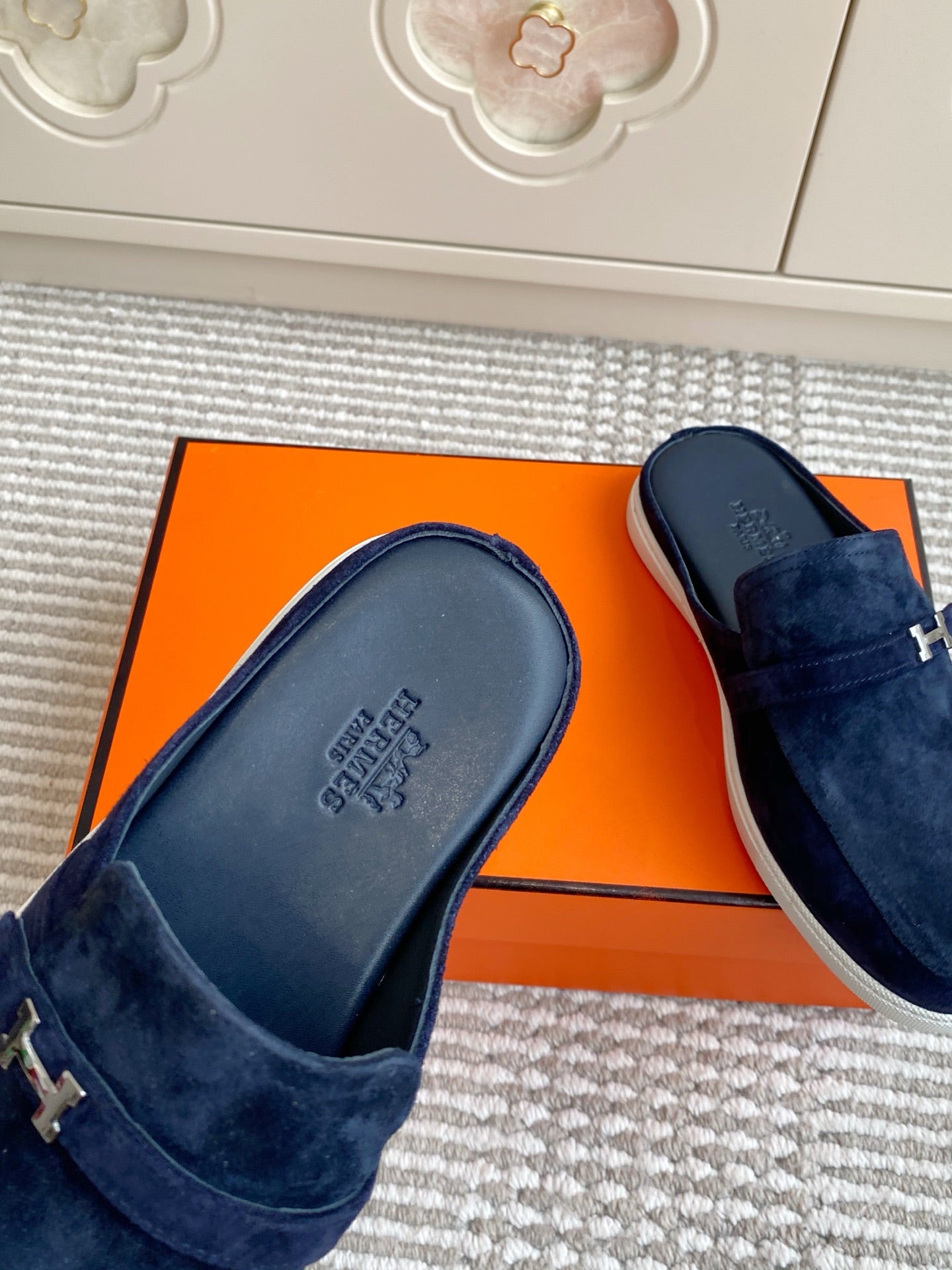 HM 25S MULES IN NAVY BLUE SUEDE WITH SILVER HARDWARE - 35