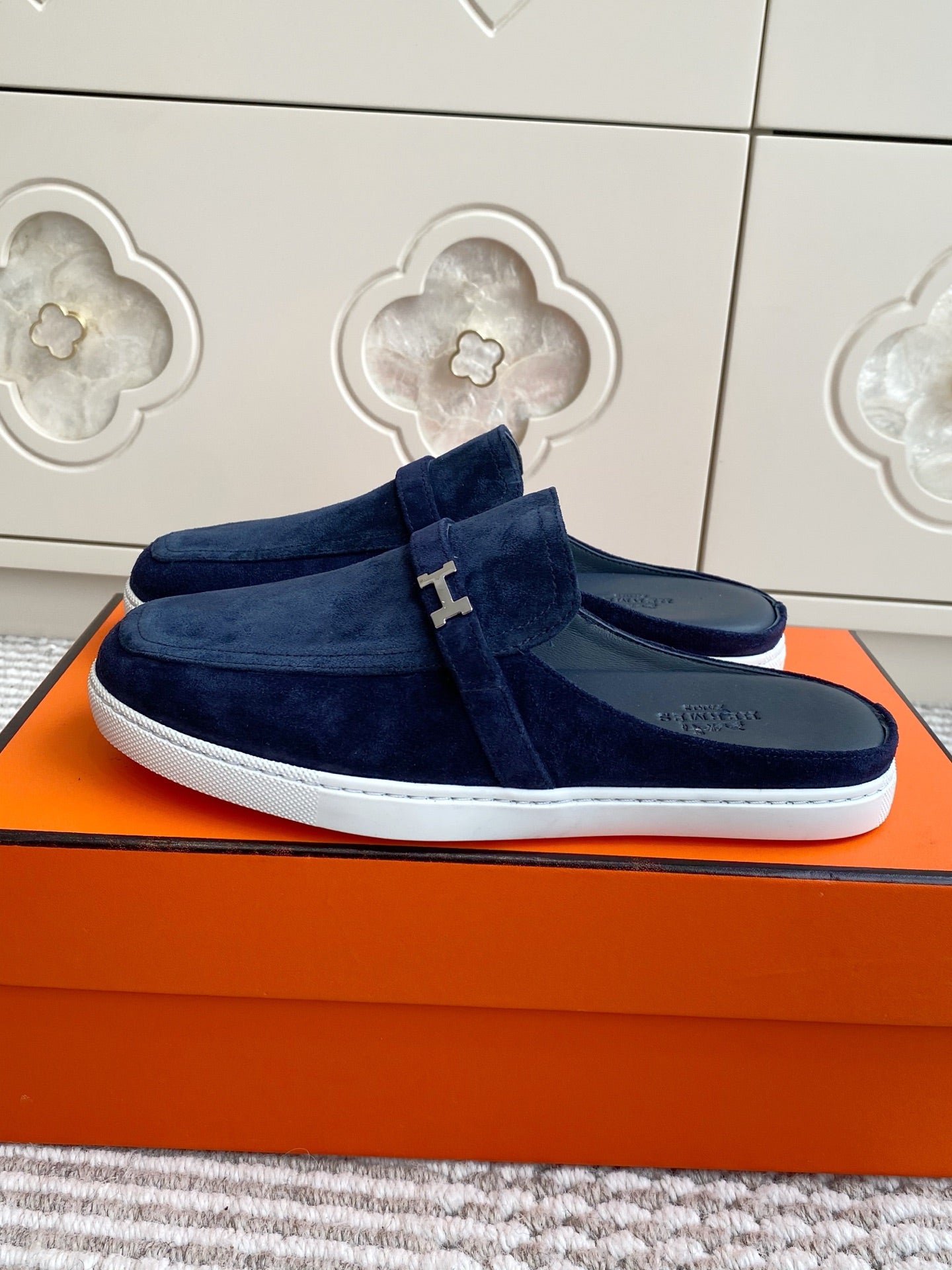 HM 25S MULES IN NAVY BLUE SUEDE WITH SILVER HARDWARE - 35
