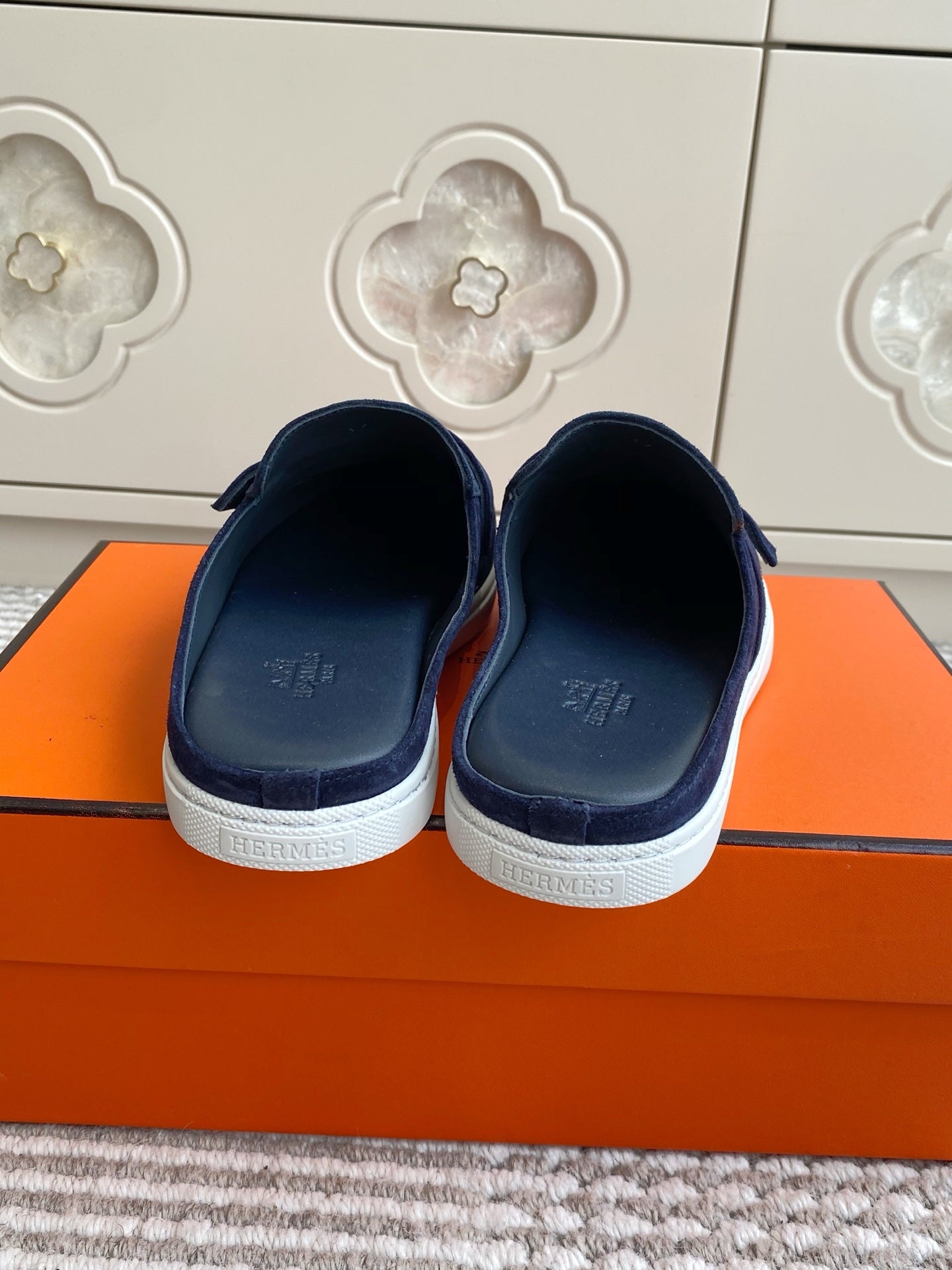 HM 25S MULES IN NAVY BLUE SUEDE WITH SILVER HARDWARE - 35
