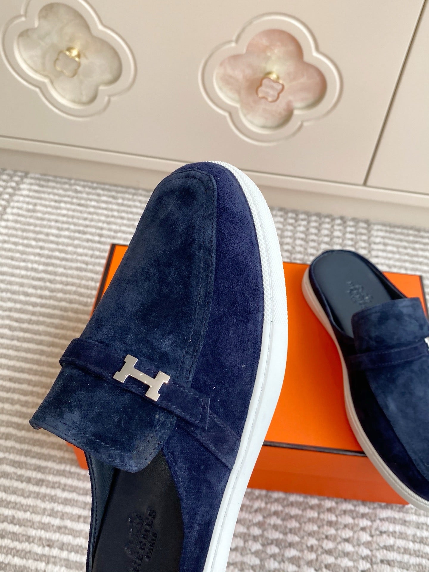 HM 25S MULES IN NAVY BLUE SUEDE WITH SILVER HARDWARE - 35