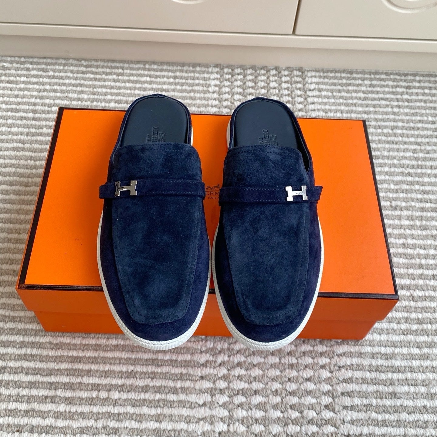 HM 25S MULES IN NAVY BLUE SUEDE WITH SILVER HARDWARE - 35
