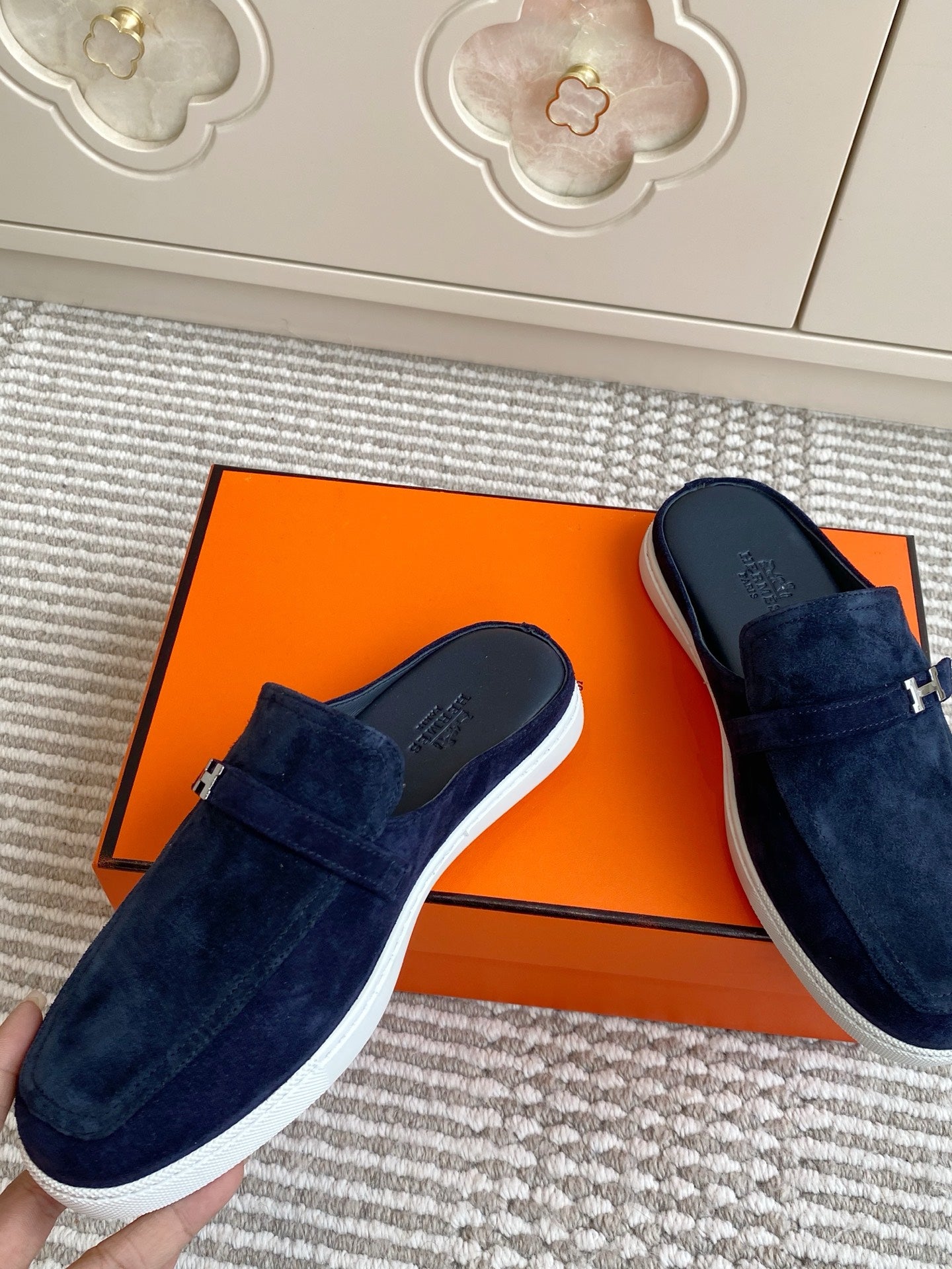HM 25S MULES IN NAVY BLUE SUEDE WITH SILVER HARDWARE - 35