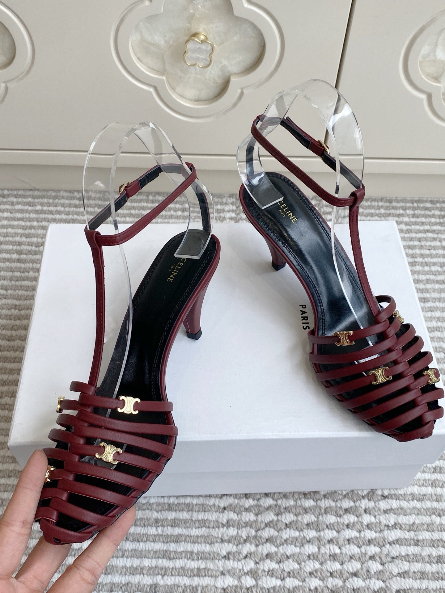 CELINE 26S CLEA TRIOMPHE GLADIATOR HEEL SANDALS 60 MM IN DARK RED LAMBSKIN