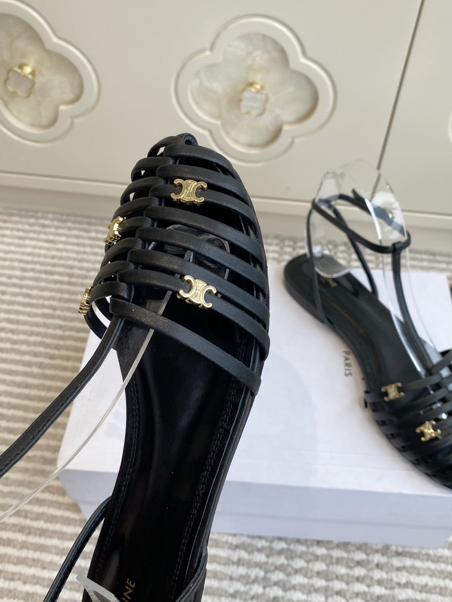 CELINE 26S CLEA TRIOMPHE GLADIATOR SANDALS IN BLACK LAMBSKIN