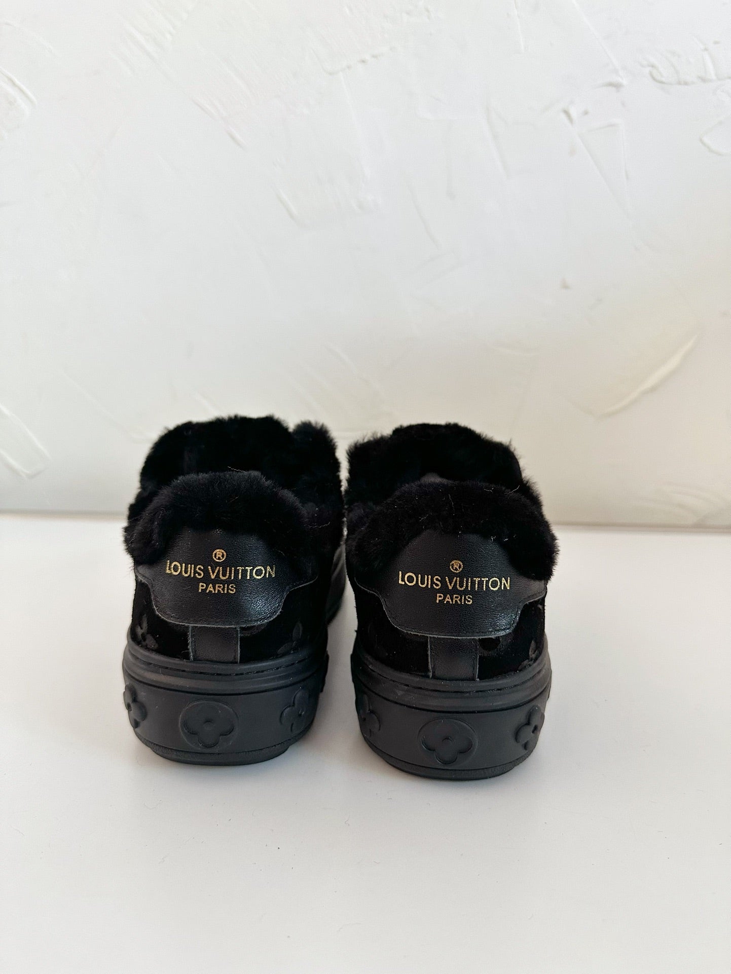 TIME OUT SNEAKER IN BLACK MONOGRAM EMBOSSED SUEDE WITH FLEECE LINING - 34