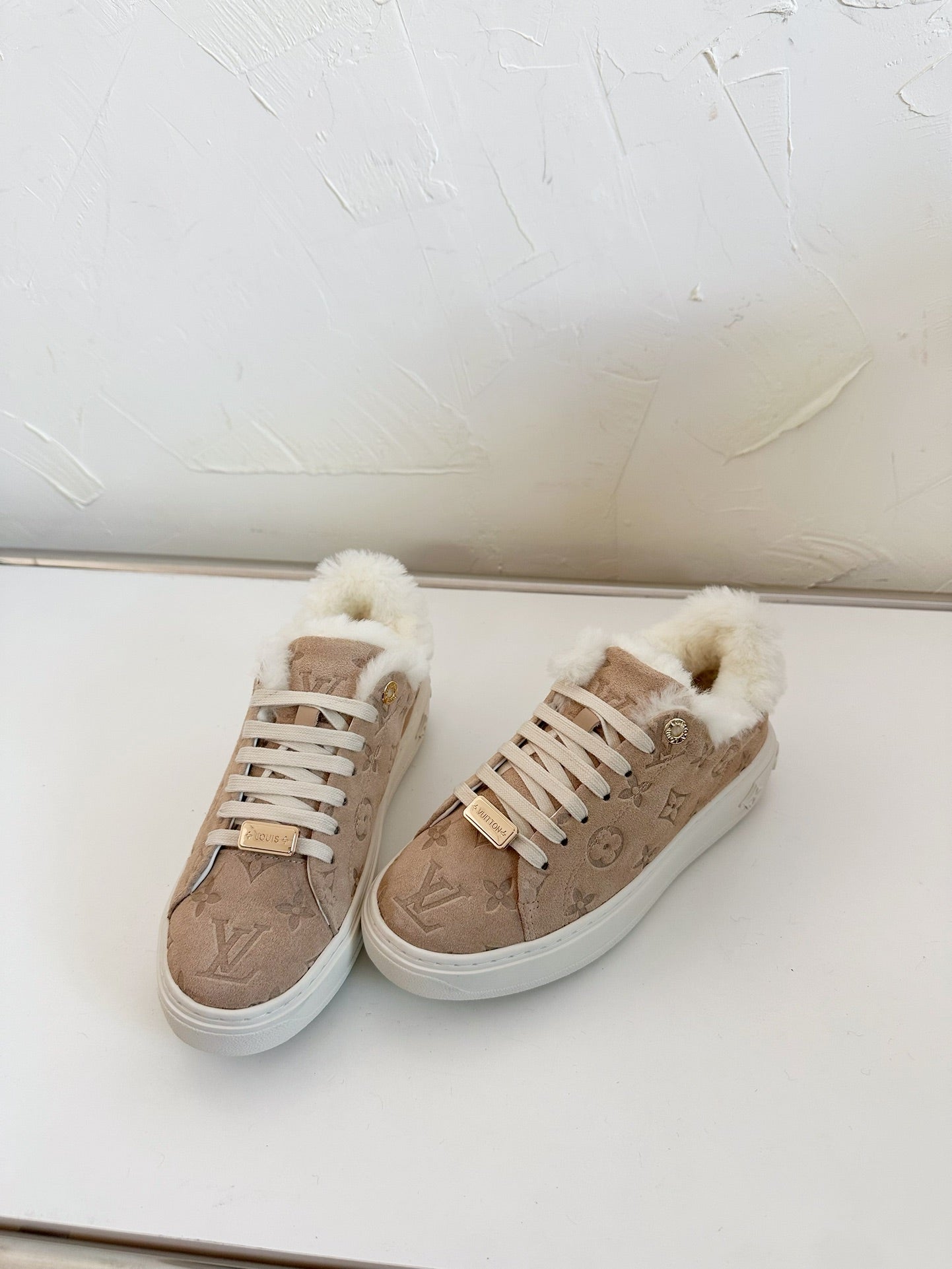 TIME OUT SNEAKER IN DESERT BROWN MONOGRAM EMBOSSED SUEDE WITH FLEECE LINING - 34