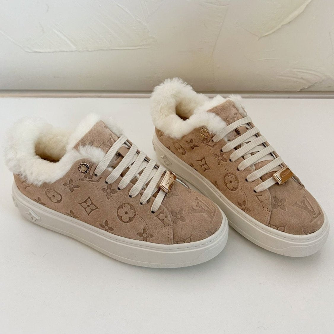 TIME OUT SNEAKER IN DESERT BROWN MONOGRAM EMBOSSED SUEDE WITH FLEECE LINING - 34