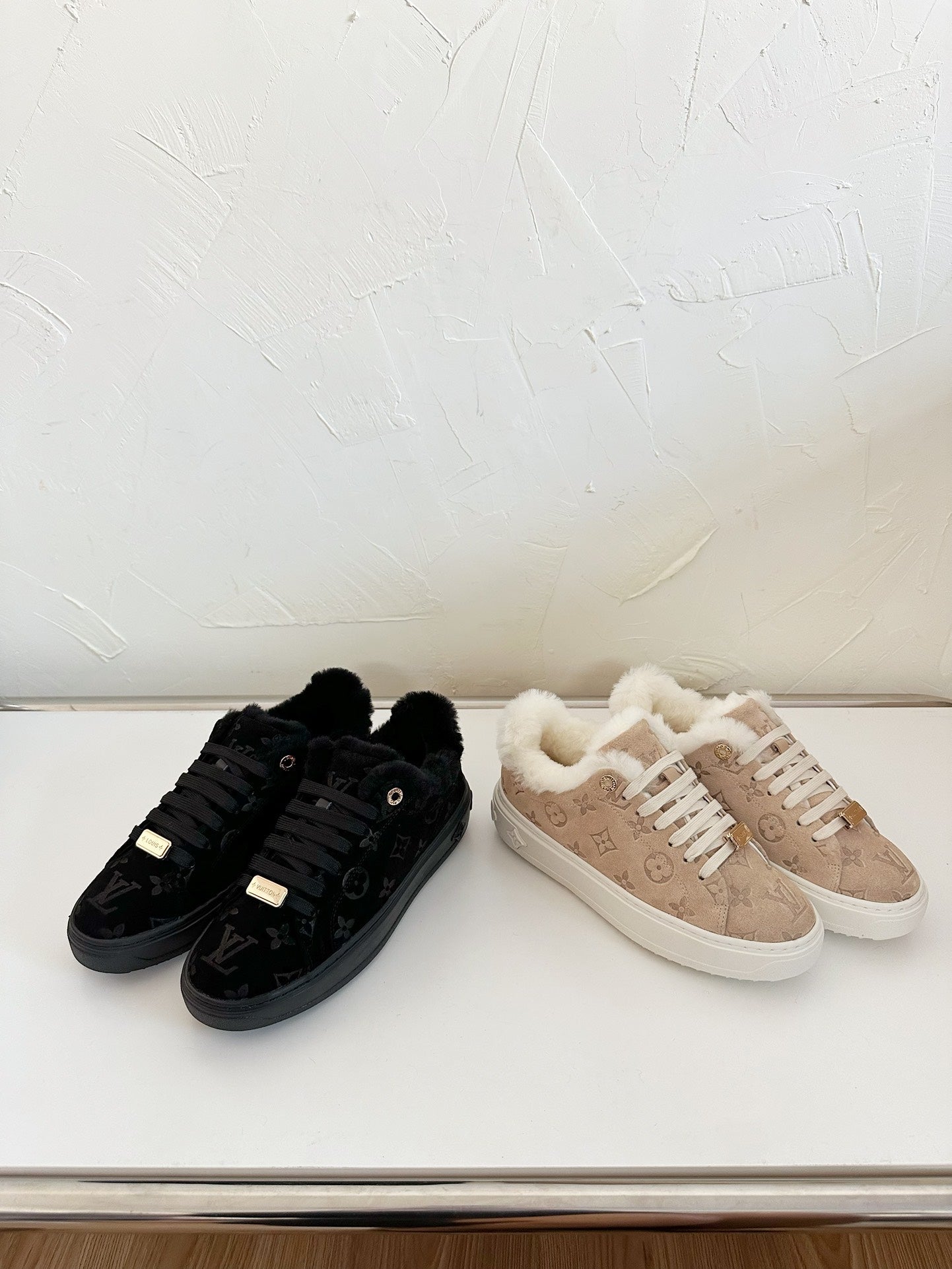 TIME OUT SNEAKER IN DESERT BROWN MONOGRAM EMBOSSED SUEDE WITH FLEECE LINING - 34